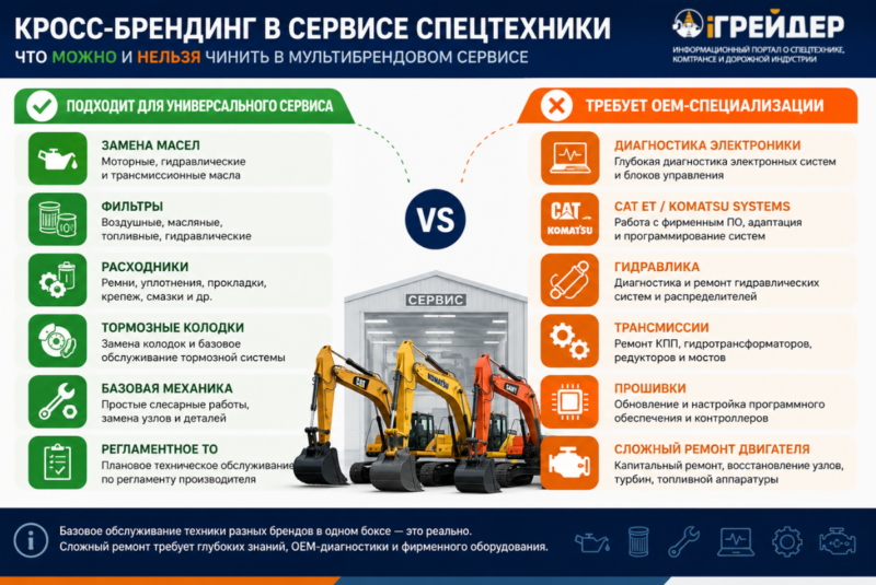 Инфографика: какие работы подходят для мультибрендового сервиса спецтехники, а какие требуют OEM-диагностики и узкой специализации