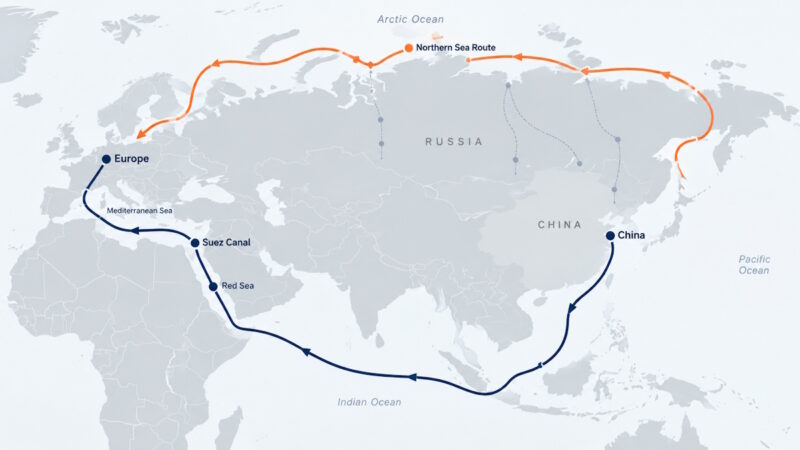 Схема маршрутов Китай — Европа через Северный морской путь и Суэцкий канал